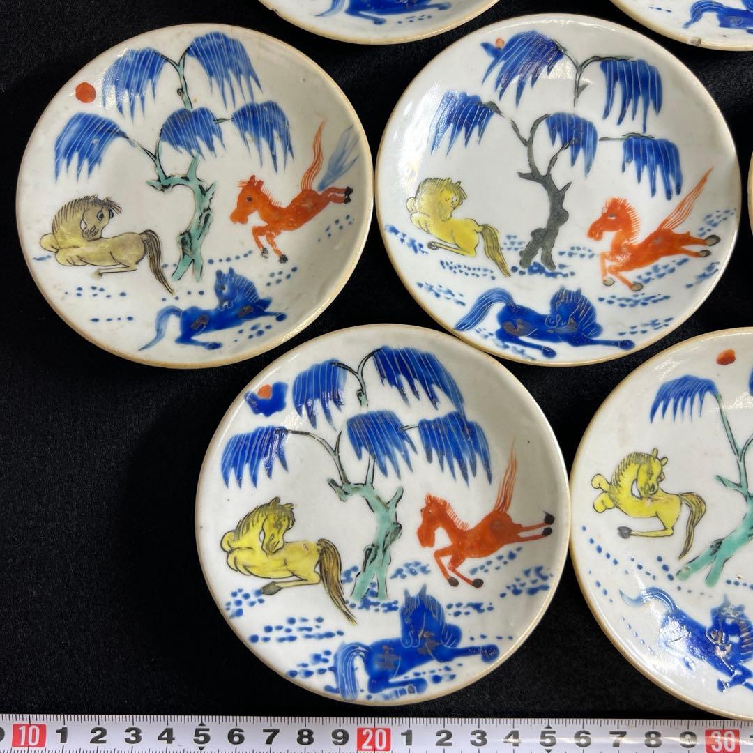 中国清朝時代　南京赤絵馬図小皿11枚　木箱付　東Y8-0109☆2F