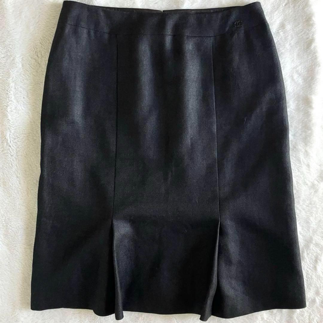 シャネル 05C リネンカシミヤ ココマーク膝丈スカート 38 チャコールグレー