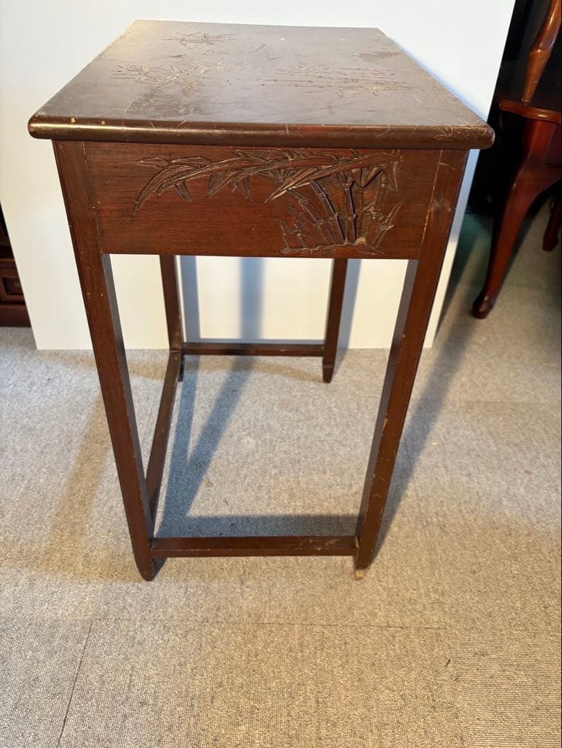 昭和レトロ 花台 サイドテーブル 竹彫刻 アンティーク 木製 飾り台 和家具