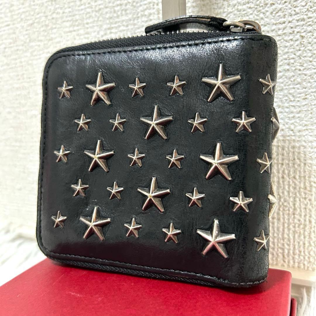 【美品✨スタッズ/コンパクトウォレット】ジミーチュウ　折り財布　レザー　ブラック