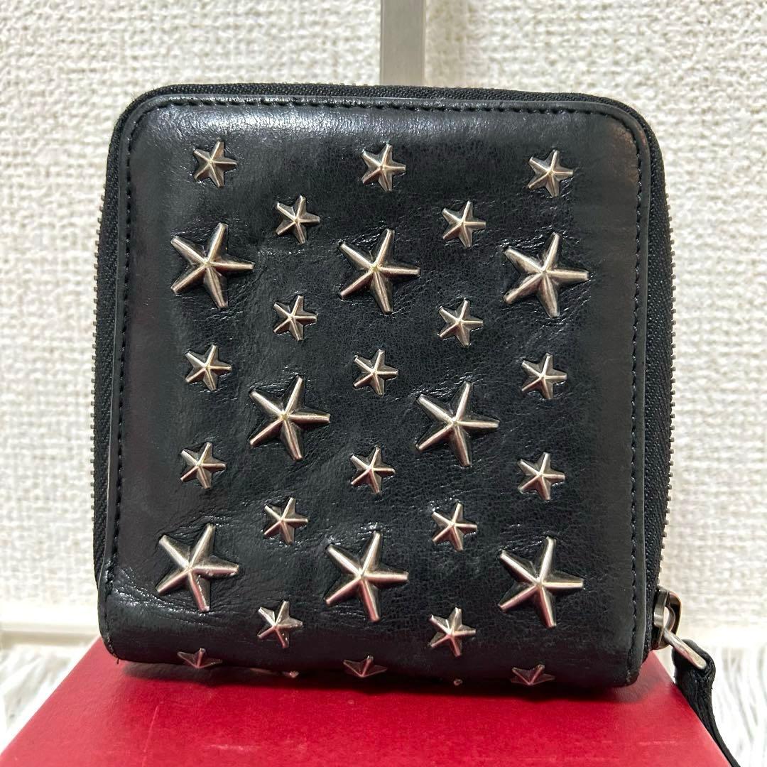 【美品✨スタッズ/コンパクトウォレット】ジミーチュウ　折り財布　レザー　ブラック