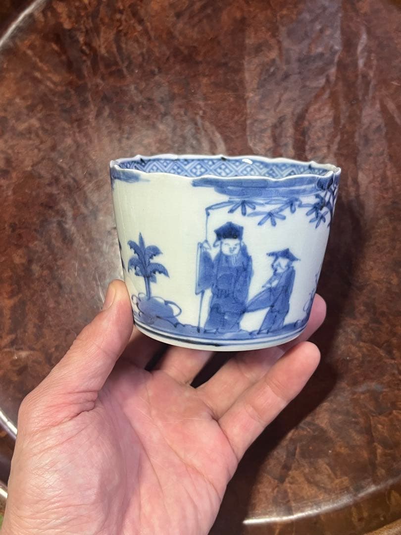 古伊万里　蕎麦猪口　賢人　仙人　人物　蘇轍　印判　宝珠　軍配　団扇　経巻　宝巻