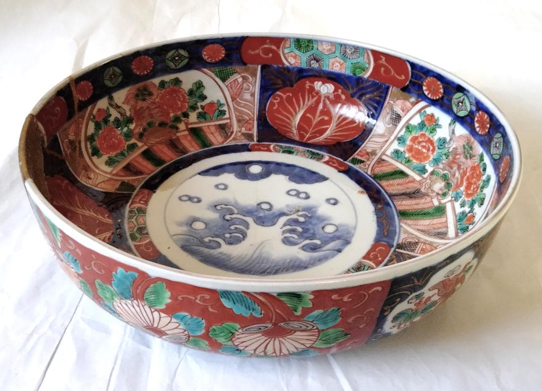 陶器 大深鉢(大) 荒波に獅子・牡丹・鳳凰 色絵 二重鉢揃い Ab-318