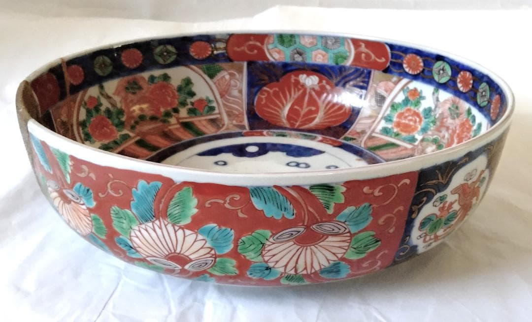 陶器 大深鉢(大) 荒波に獅子・牡丹・鳳凰 色絵 二重鉢揃い Ab-318