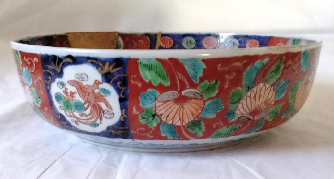陶器 大深鉢(大) 荒波に獅子・牡丹・鳳凰 色絵 二重鉢揃い Ab-318