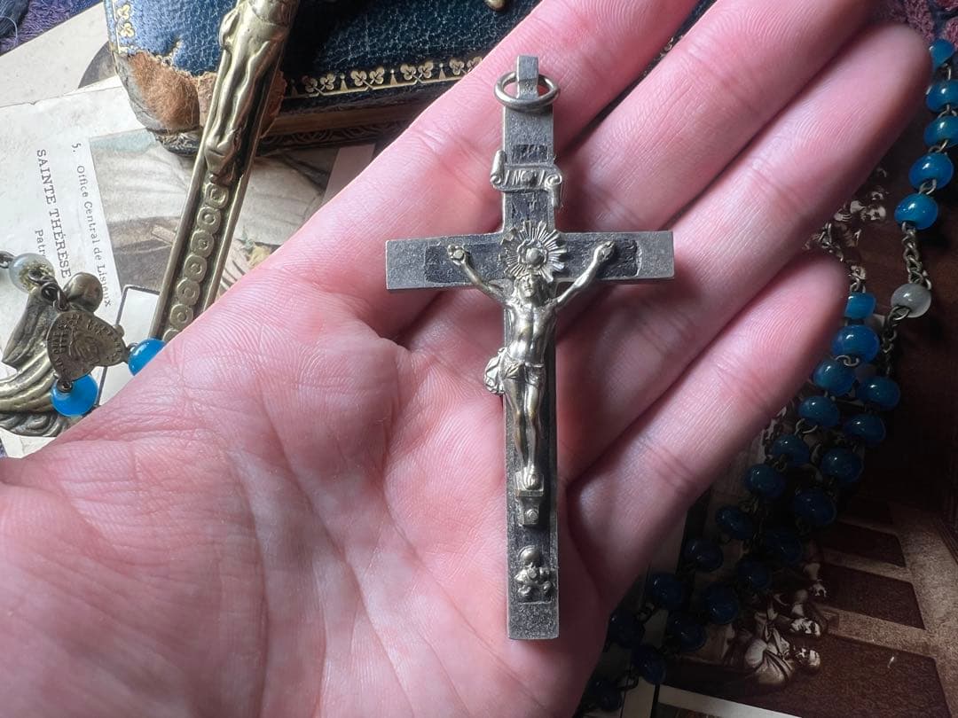 アンティーク　合金と黒檀のメメントモリクロス　20世紀前半