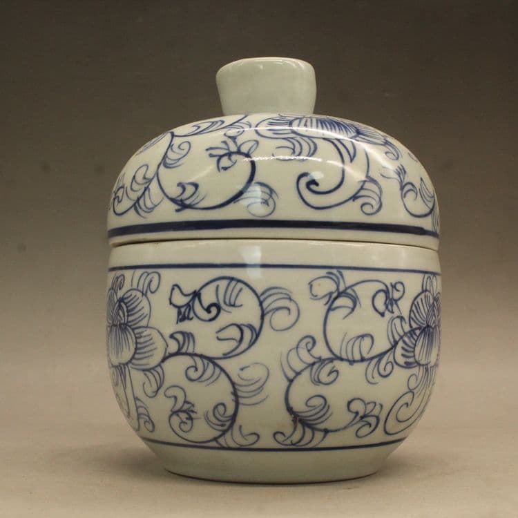 青花纏枝連蓋缶 磁器 書道具 文房具 現代工芸品 美術品 装飾品 置物