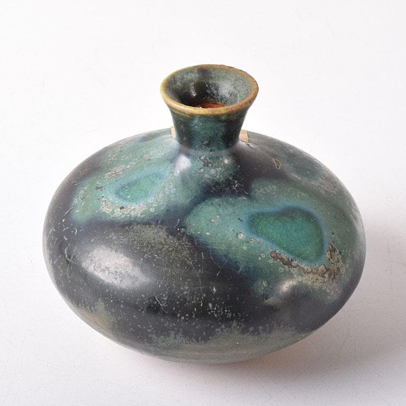 尾張瀬戸焼　加藤宇助作　黒緑釉　壷　書付時代箱　V　R8352