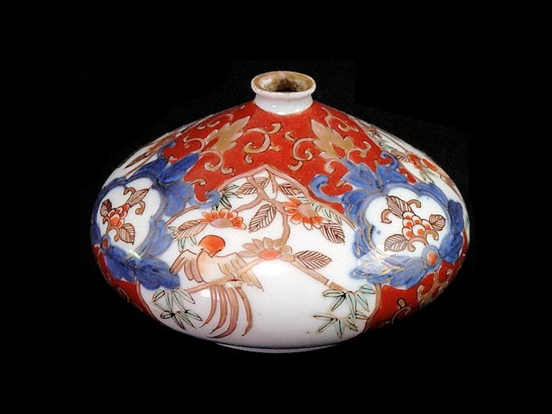 古伊万里　金襴手　花鳥紋に金唐草の図　油壷　D651AS-CHf