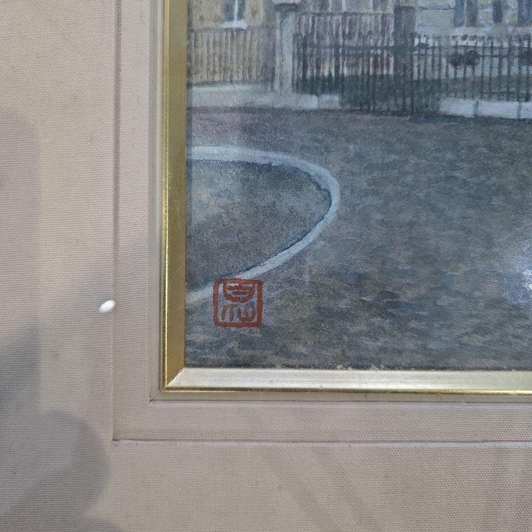 建物の油彩画 金色の額縁付き