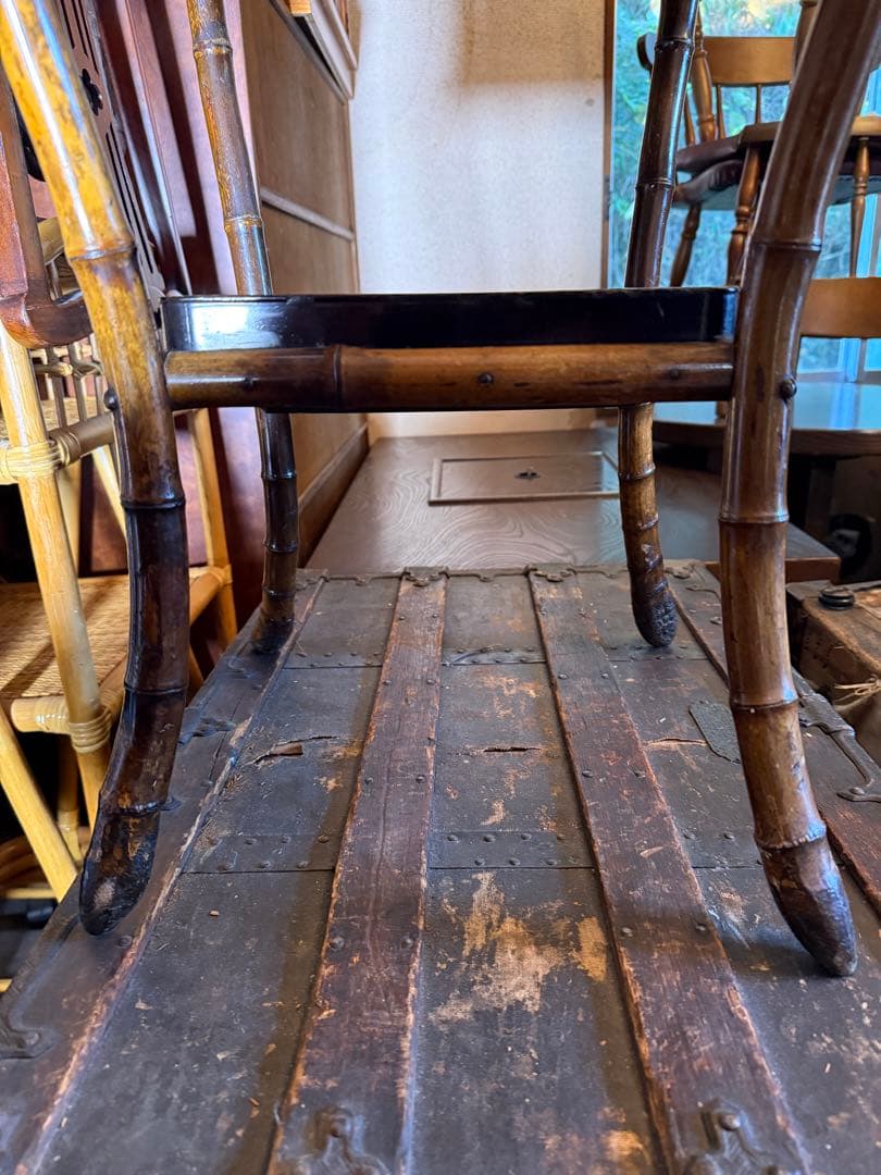 明治期 竹細工 蒔絵風パネル付 手焙り箱 花台 飾り棚