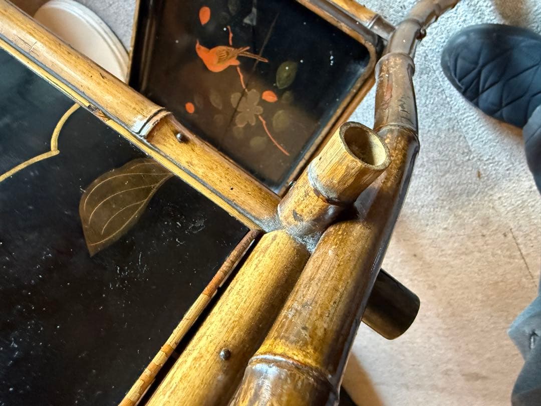 明治期 竹細工 蒔絵風パネル付 手焙り箱 花台 飾り棚