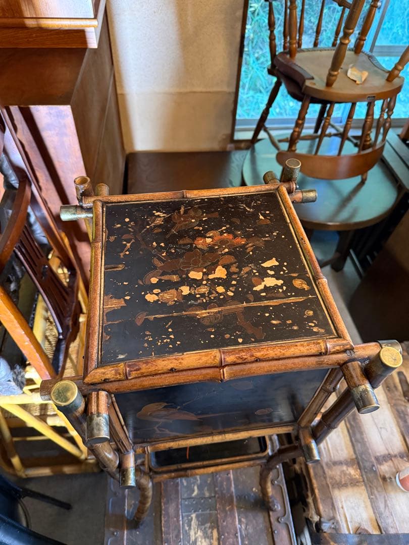 明治期 竹細工 蒔絵風パネル付 手焙り箱 花台 飾り棚