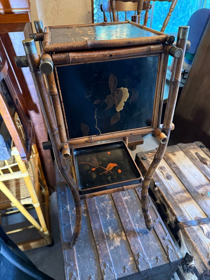 明治期 竹細工 蒔絵風パネル付 手焙り箱 花台 飾り棚