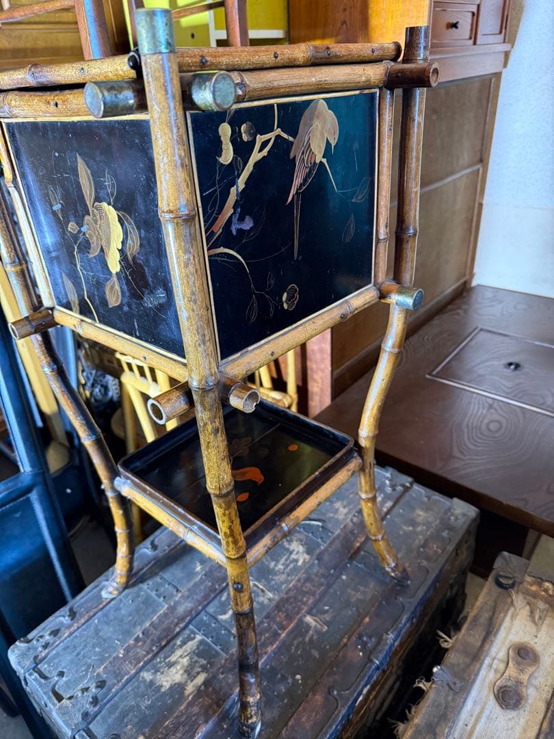 明治期 竹細工 蒔絵風パネル付 手焙り箱 花台 飾り棚