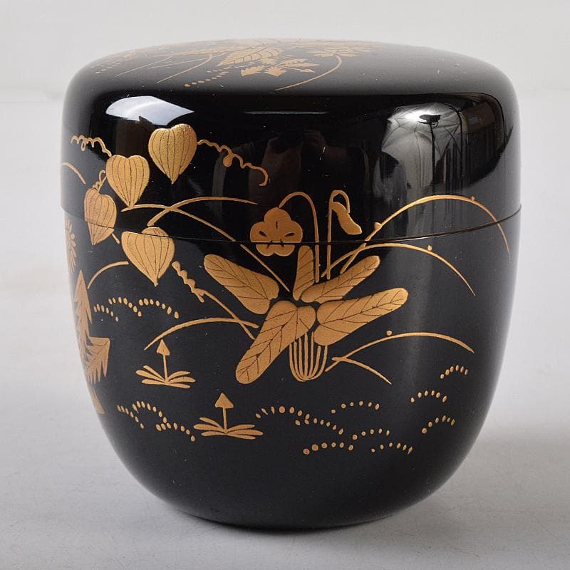 茶道具　前端春斎造　春草蒔絵　内銀溜　黒棗　建仁寺竹田益州極め箱　D　R8701