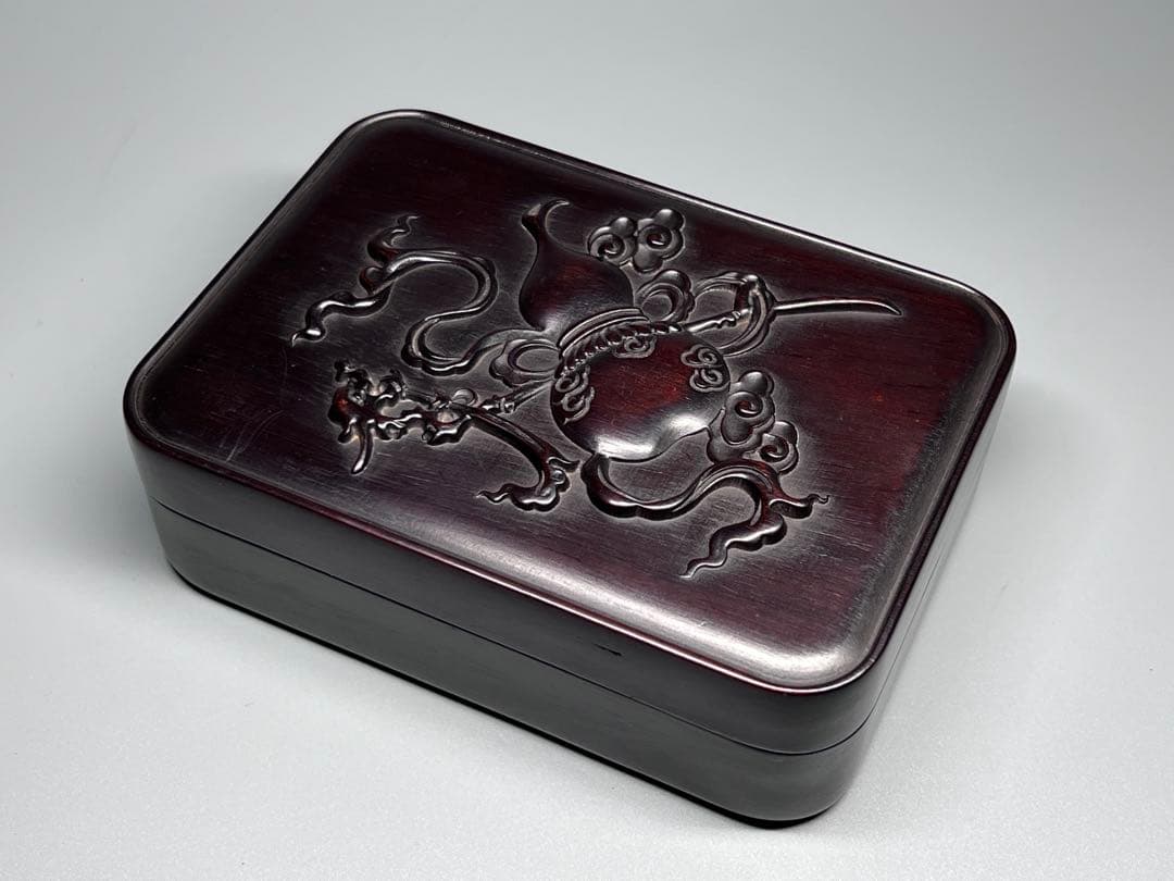 木製　小物入れ　紫檀　硯箱　瓢箪　浮き彫り　極細工　文房具　中国美術　香合　美品