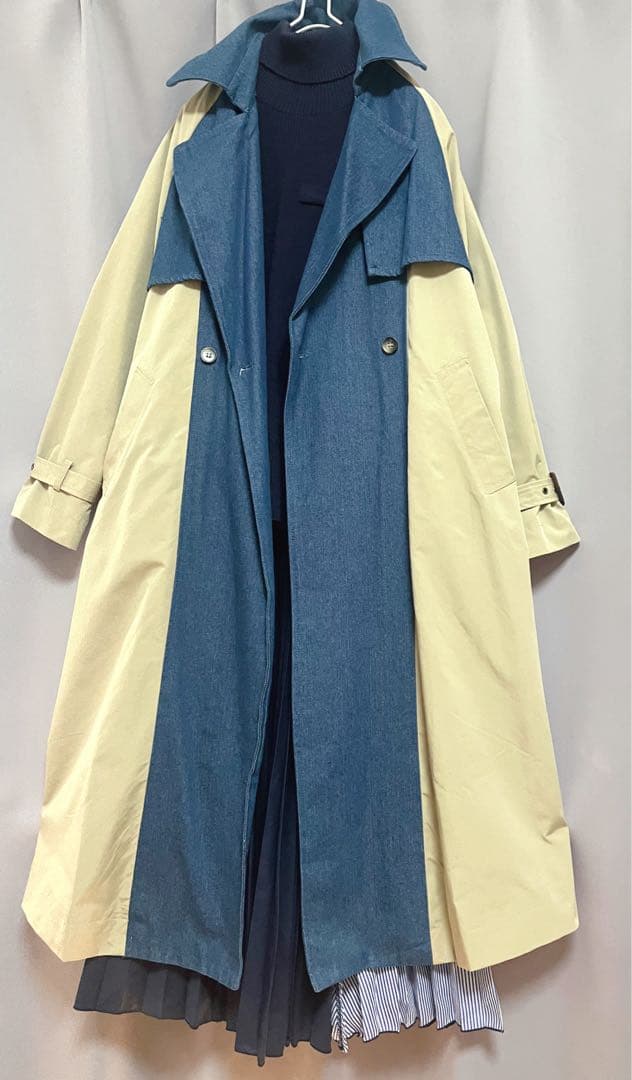 Thevon 異素材デニムリメイクデザインチェスターコート ゆったり トレンチ
