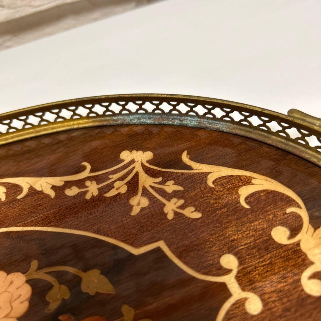 イタリア製 Demain 象嵌トレー２枚　象嵌花柄　木製 ゴールド手付