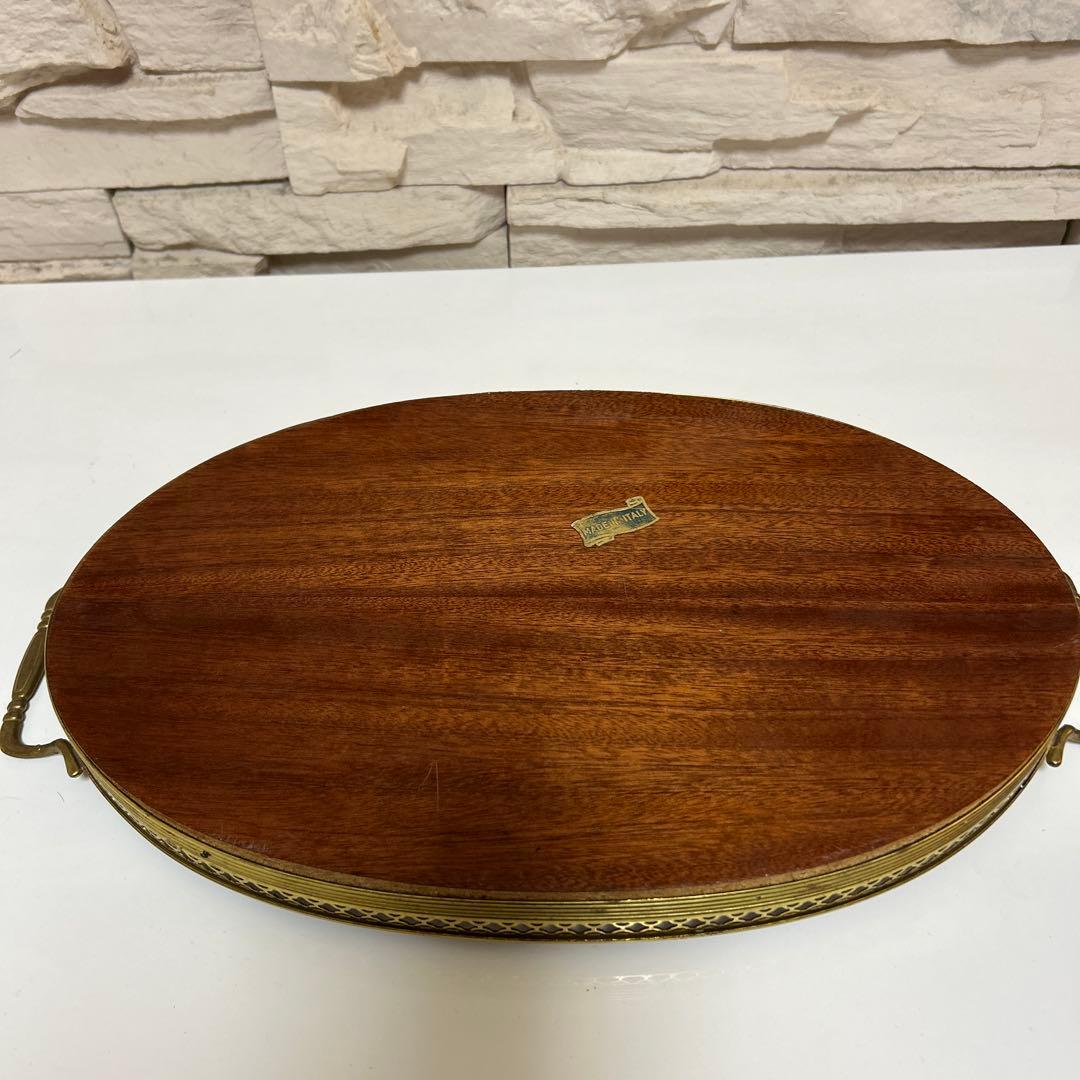 イタリア製 Demain 象嵌トレー２枚　象嵌花柄　木製 ゴールド手付