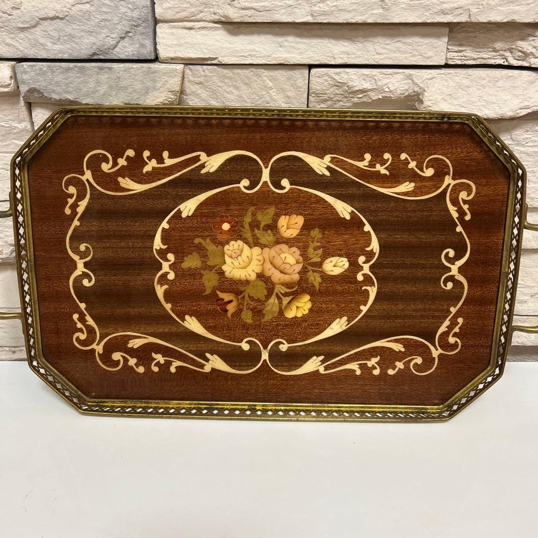 イタリア製 Demain 象嵌トレー２枚　象嵌花柄　木製 ゴールド手付