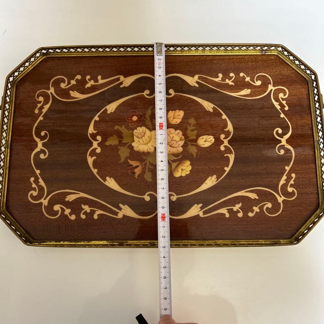 イタリア製 Demain 象嵌トレー２枚　象嵌花柄　木製 ゴールド手付