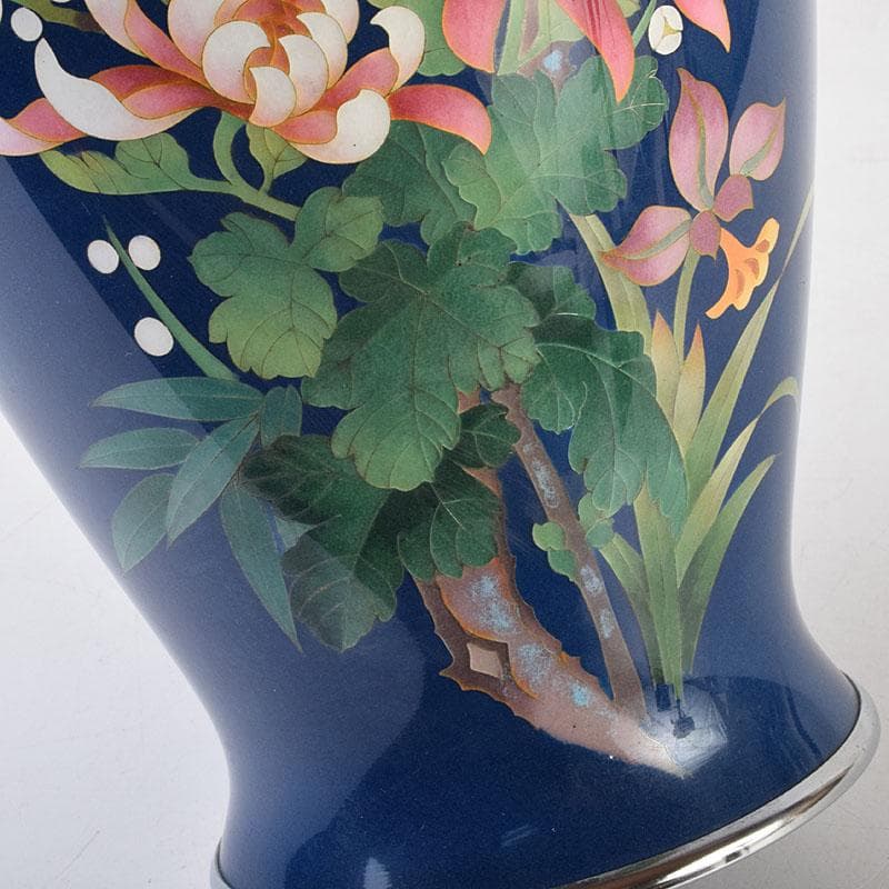 七宝焼　紺釉　四君子文　花瓶　共箱　F　R9167