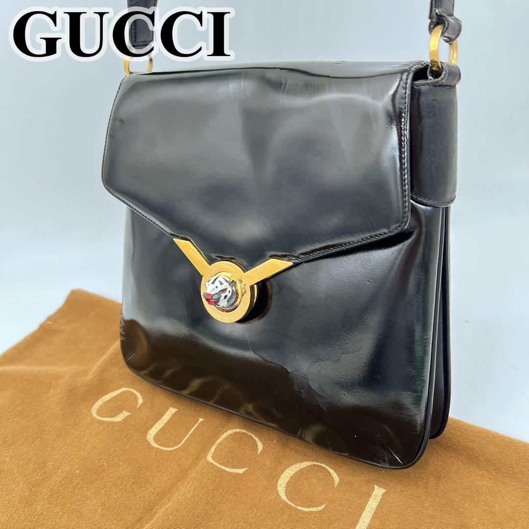 GUCCI ワンショルダーバッグ 肩掛け ゴールド金具 タイガー エナメル 黒