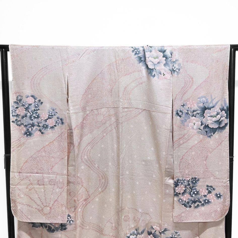 総絞り　牡丹　扇子　菊花　流線　振袖　着物　012a p