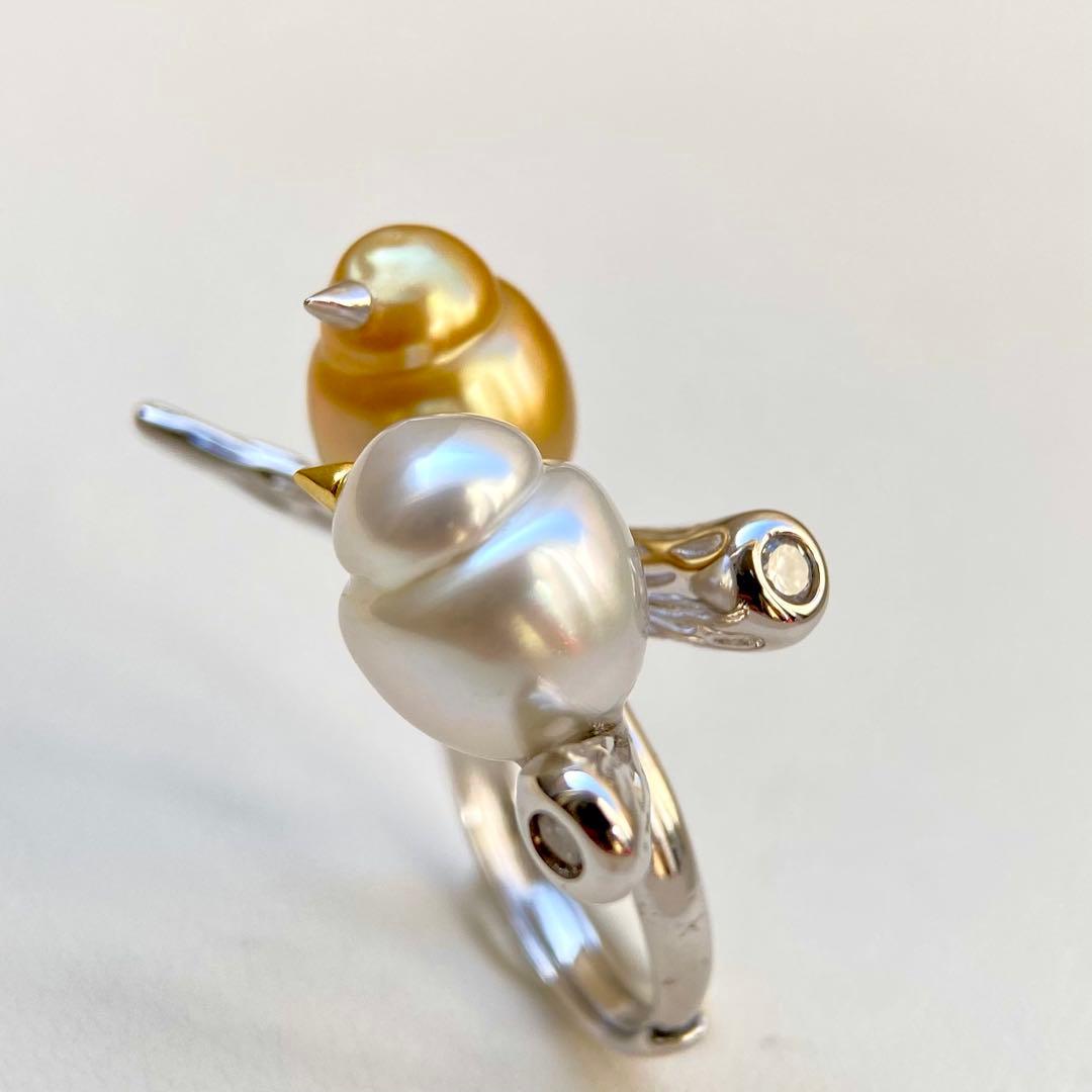 本真珠南洋白蝶真珠　茶金とホワイト「鳥と枝」s925リングY1027