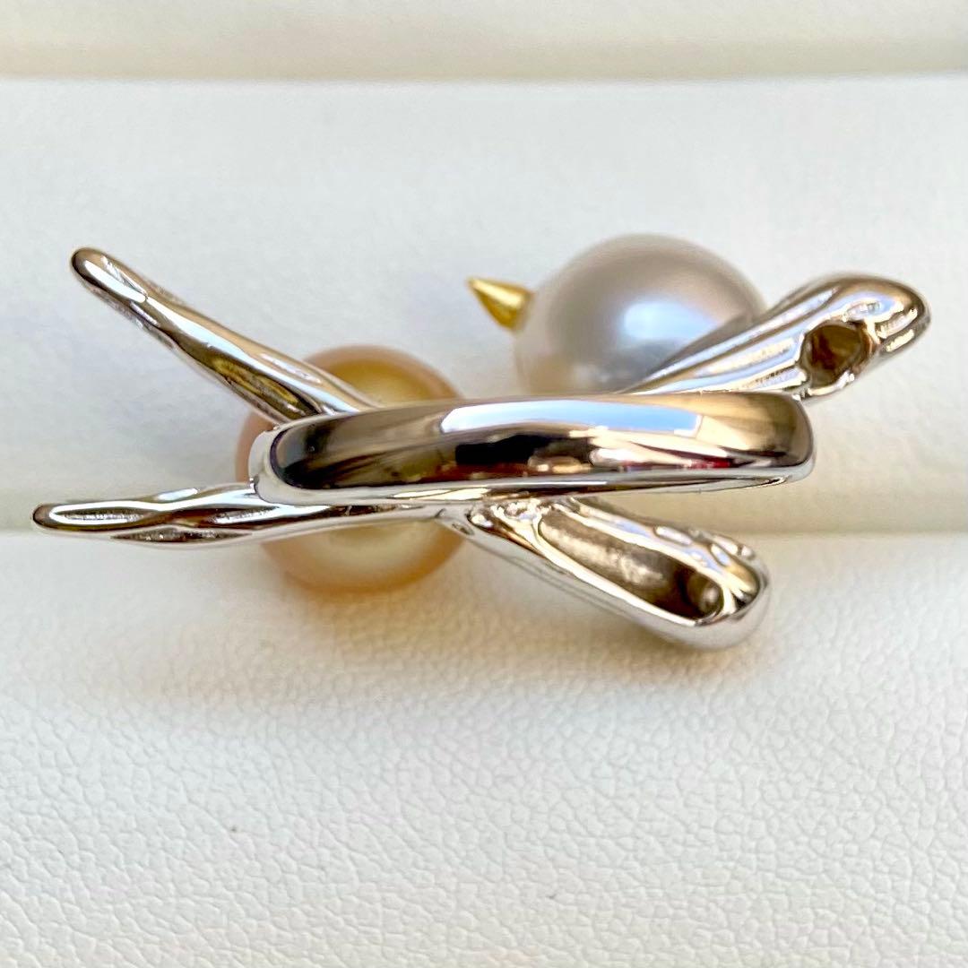 本真珠南洋白蝶真珠　茶金とホワイト「鳥と枝」s925リングY1027