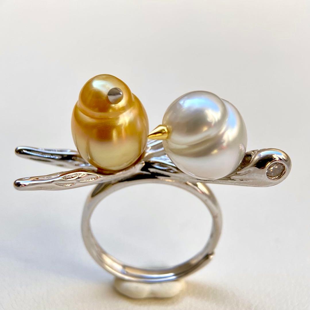 本真珠南洋白蝶真珠　茶金とホワイト「鳥と枝」s925リングY1027