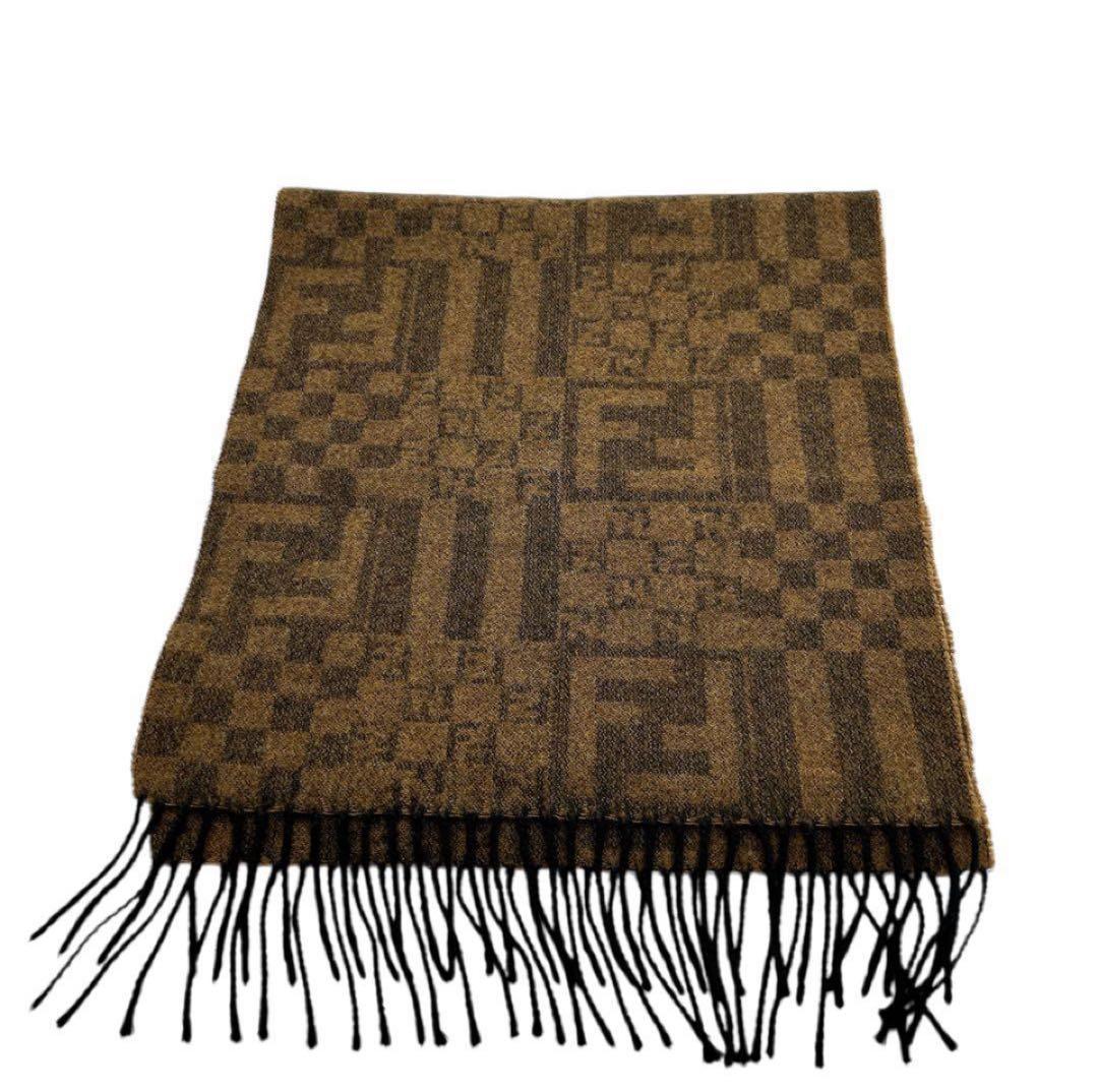 FENDI フェンディ ズッカ柄 ウールマフラー ブラウン チェック フリンジ
