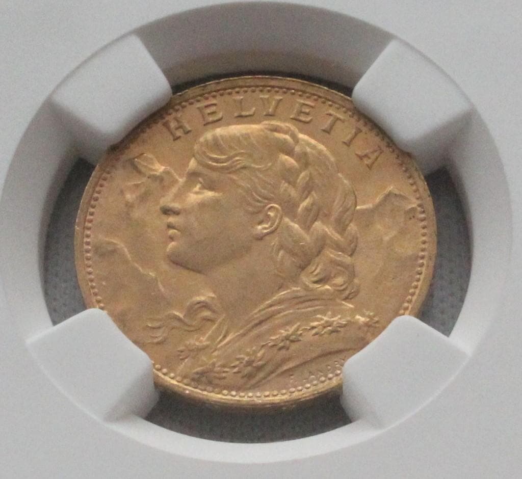 1922年 スイス ブレネリ アルプスの少女 20フラン 金貨 NGC MS66