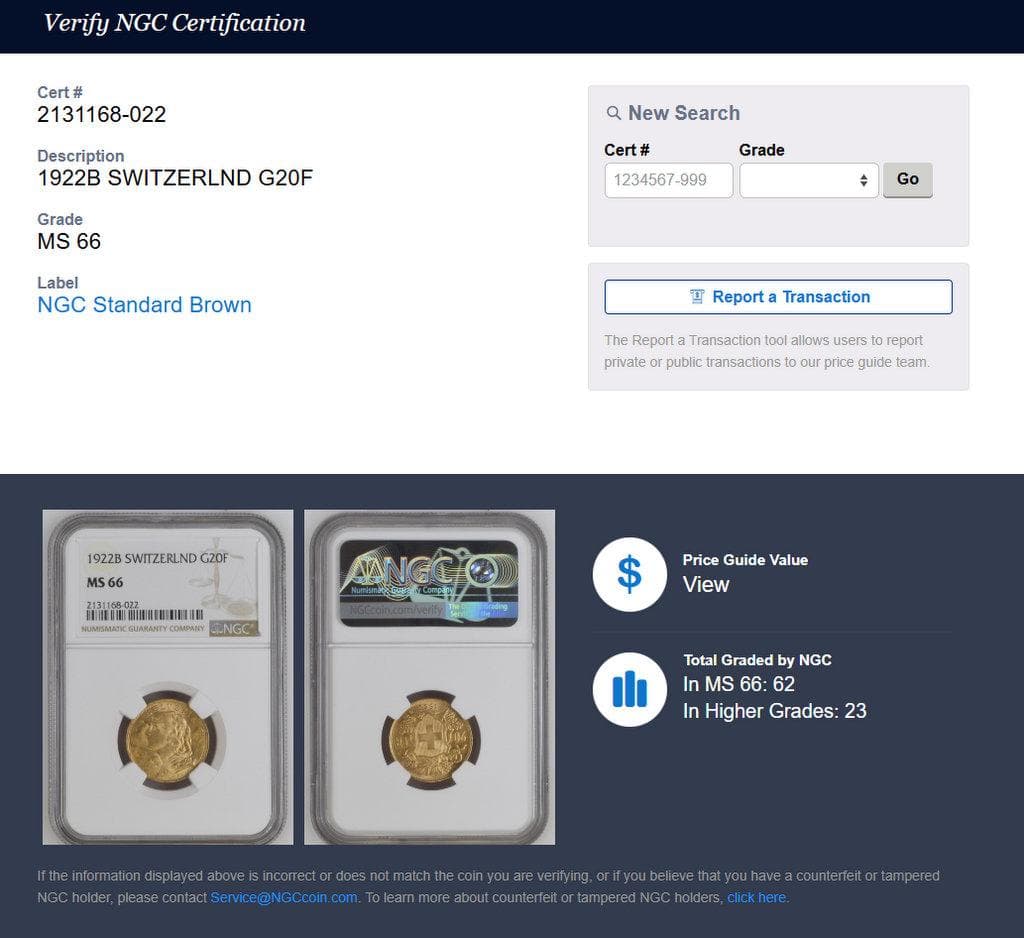 1922年 スイス ブレネリ アルプスの少女 20フラン 金貨 NGC MS66