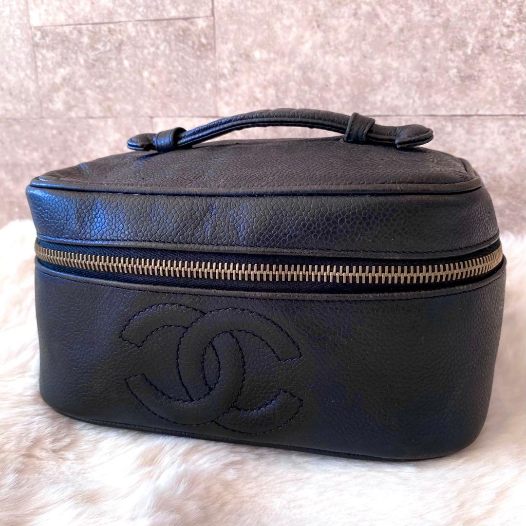 CHANEL バニティバッグ ポーチ シリアルナンバー有り キャビアスキン 黒