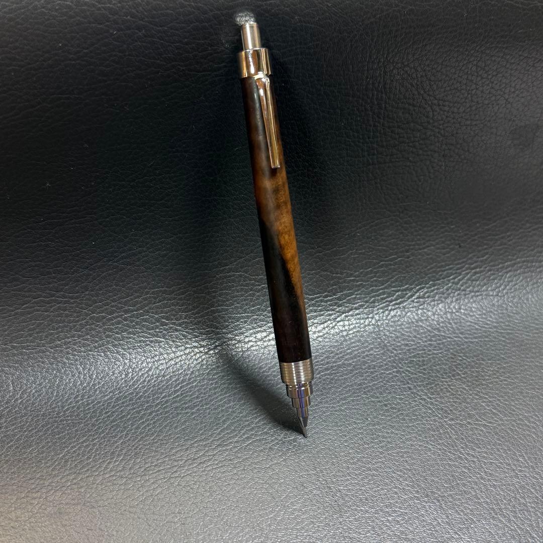 207黒柿縮杢　木製シャーペン　超低重心(溝付き) ステンレス