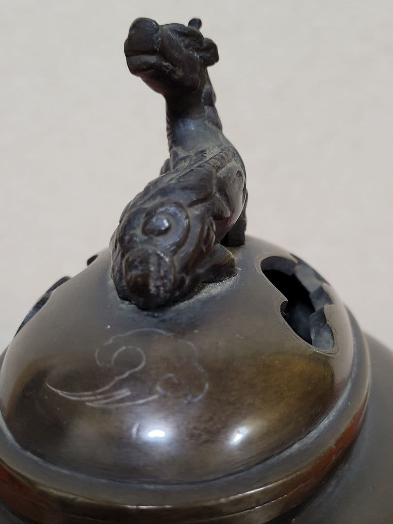 明治期 極上 宣徳銅製 麒麟摘蓋金銀象嵌鳳凰図 三足高足 香炉煎茶道具中国古玩