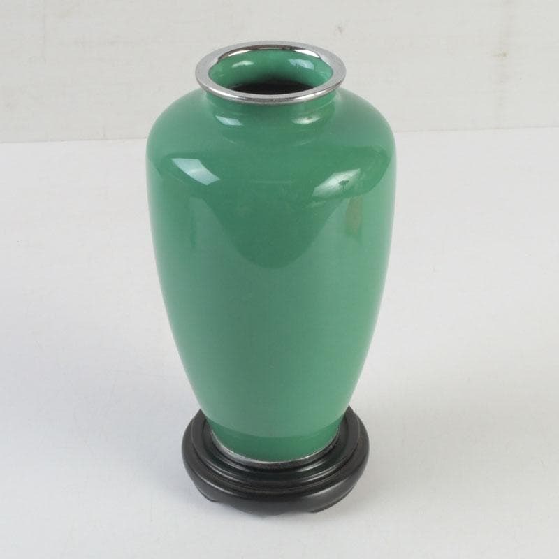 七宝焼　緑釉　双鳥文　花瓶　唐木台付　共箱　V　9586