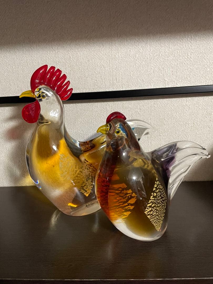 マルティグラス 鶏 雄雌 ガラス細工 硝子  日本製 インテリア  金彩