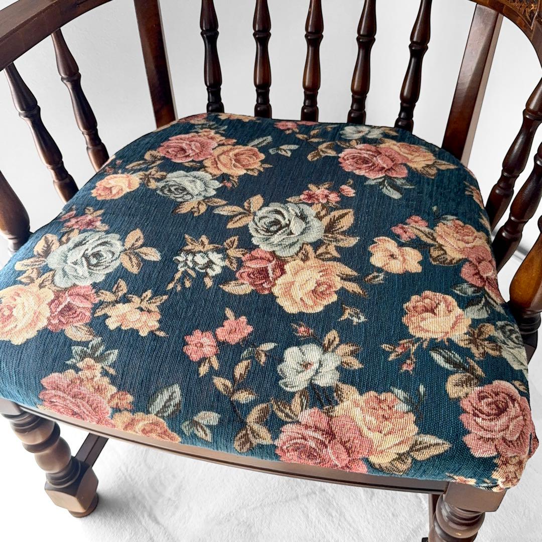 オールドカリモク コロニアル 花柄 ベロア ラタン アームチェア アンティーク