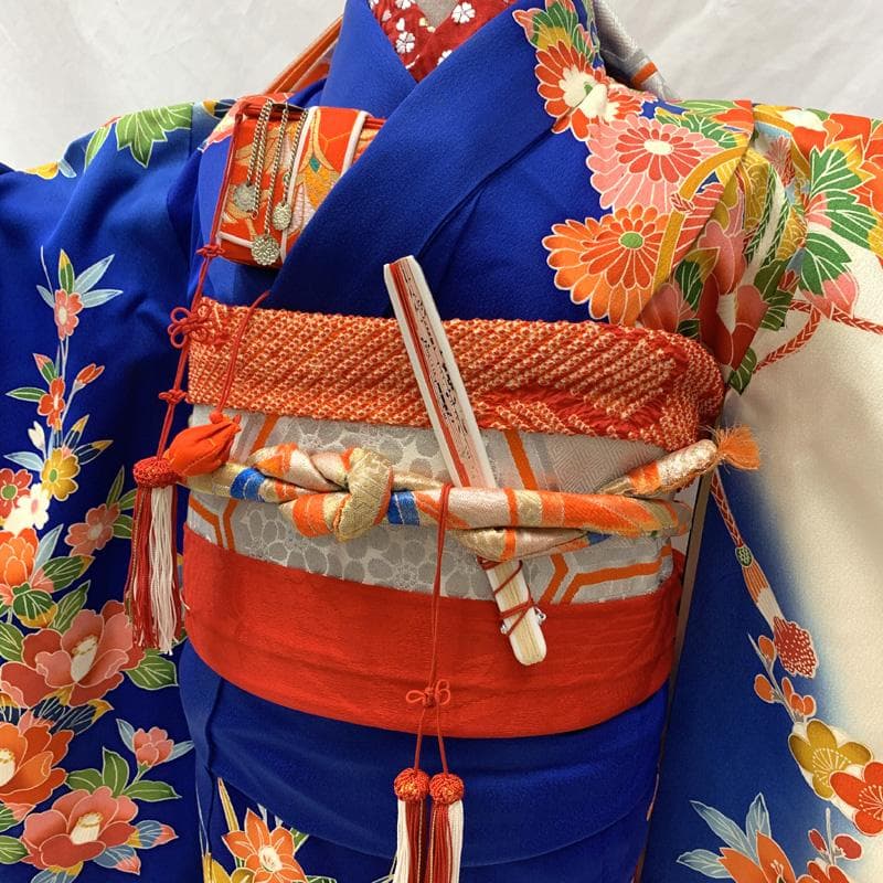 512ag23□七五三 七歳 女児 着物&袋帯 鼓 花文 青白□状態良好