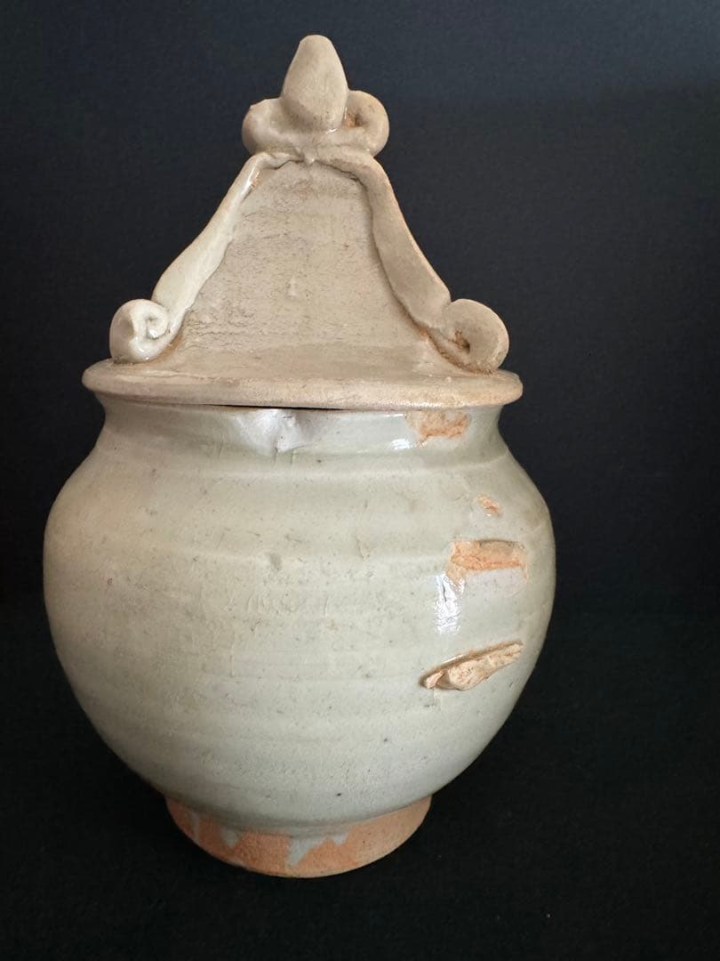 中国骨董　漢　青磁神亭小壺　蓋付き　茶入　茶壺　唐物　収蔵品　古美術(N-10)