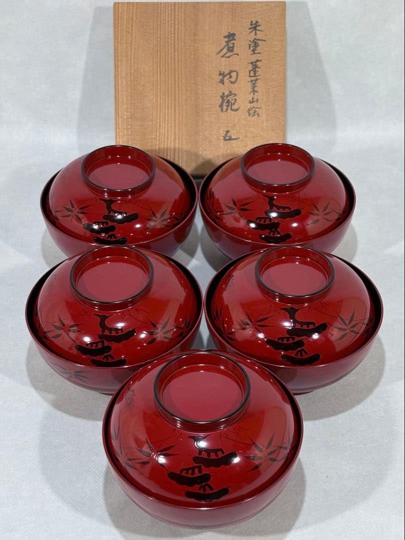 輪島塗　北村葵春造　朱塗 蓬莱山絵　煮物椀五客　美品　共箱　茶道具　懐石　送料込