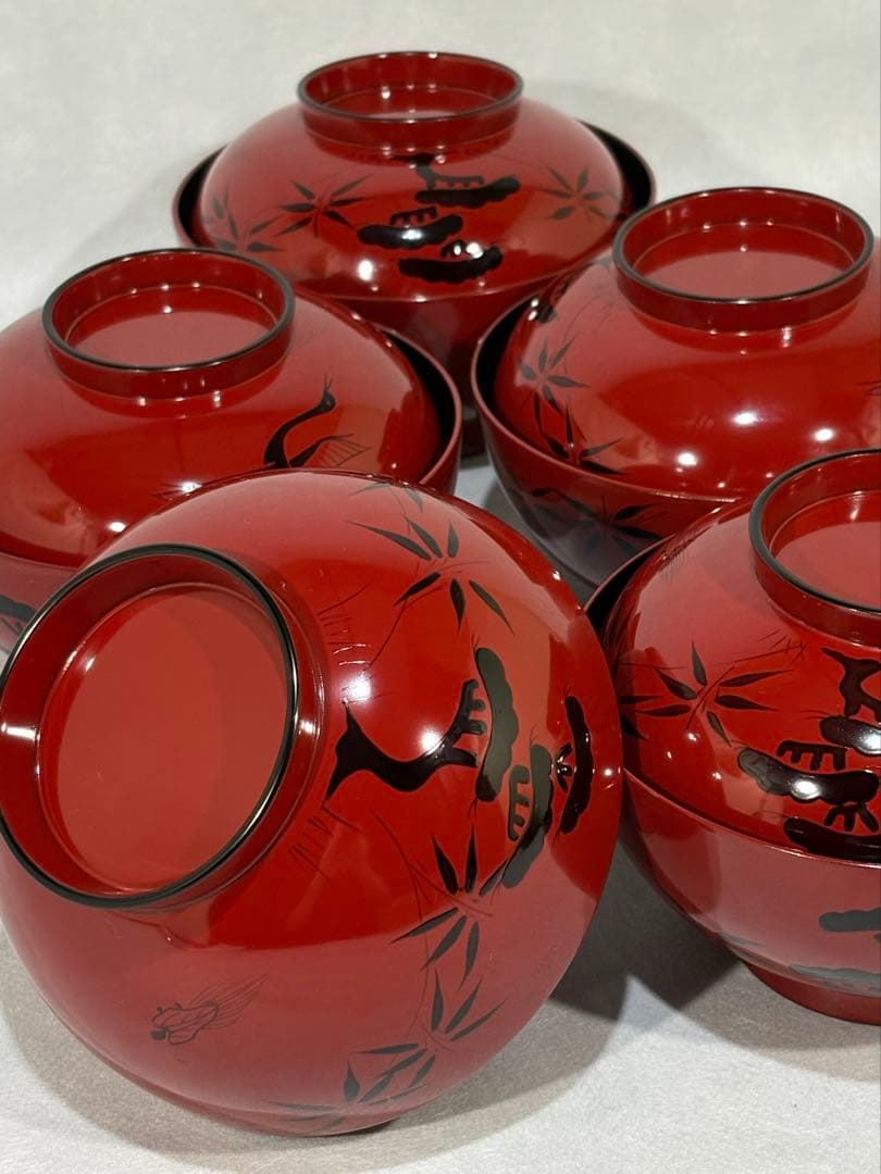 輪島塗　北村葵春造　朱塗 蓬莱山絵　煮物椀五客　美品　共箱　茶道具　懐石　送料込