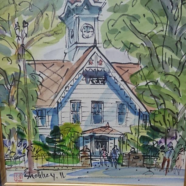 絵画  真作 中本昭平 「札幌時計台」色紙に水彩