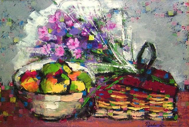 油絵 絵 絵画インテリア 額付(白) uF6-062104 静物 花束 フルーツ