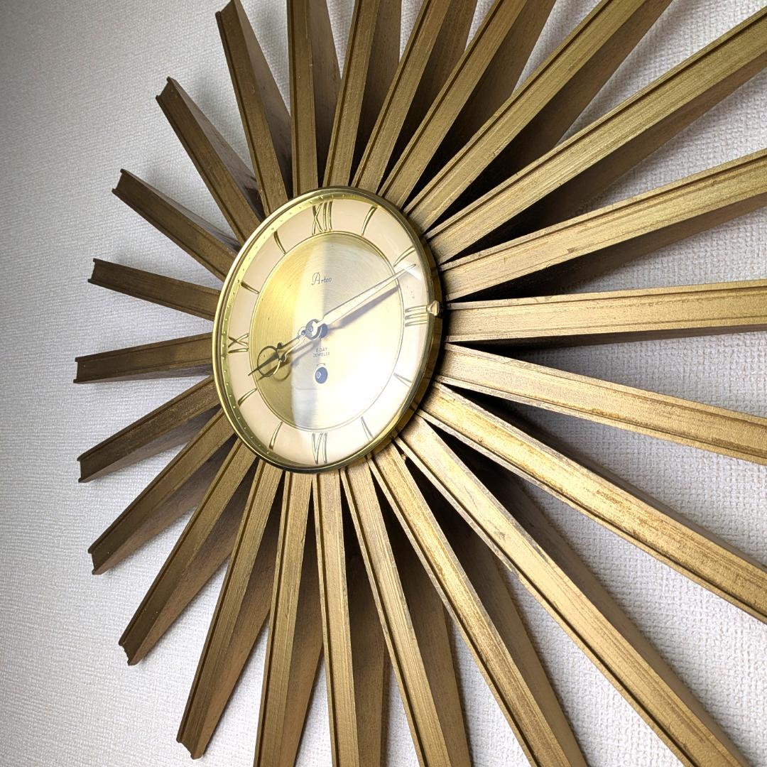 USA Artco社 木製サンバースト 金色 手巻掛時計 58cm ビンテージ
