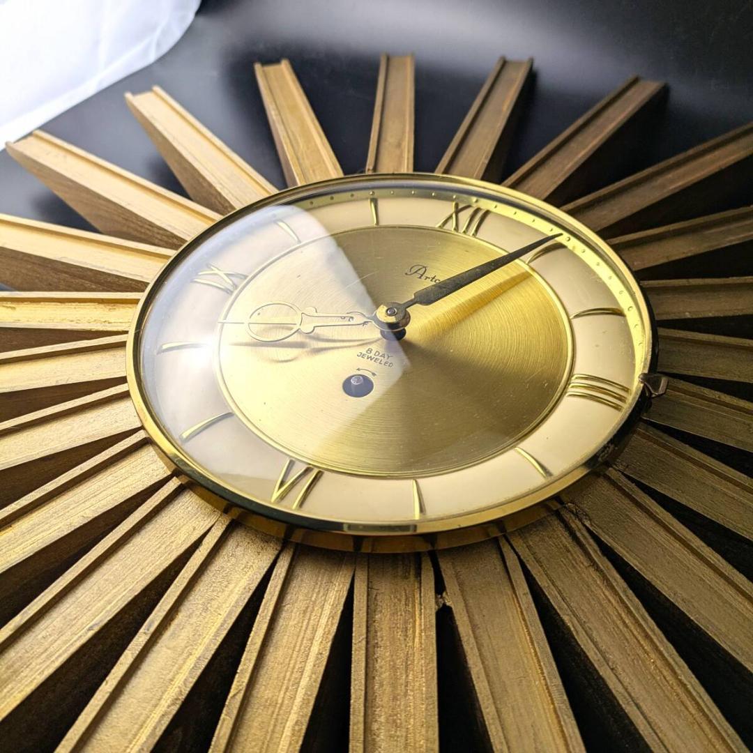 USA Artco社 木製サンバースト 金色 手巻掛時計 58cm ビンテージ