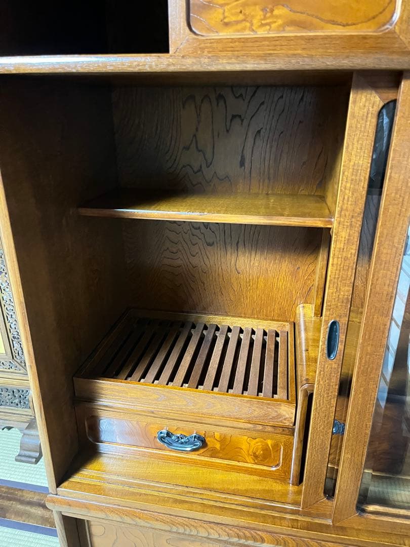 茶箪笥　欅　ケヤキ　和風収納棚 ガラス扉付き　アンティーク風　高さ約150㎝